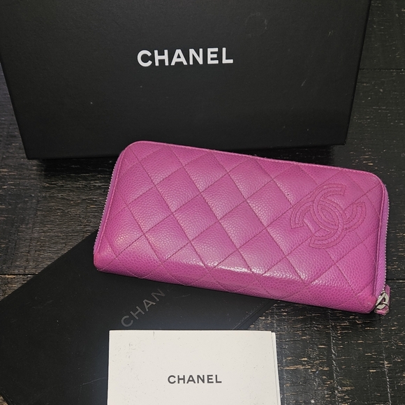 CHANEL Handbags - Chanel CC -Fusia Caviar skin Matelasse Classic Long Wallet W/ COA